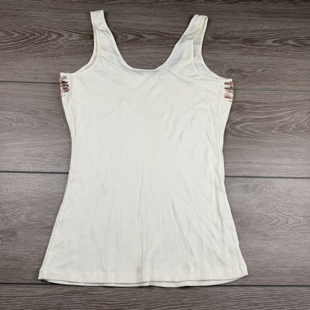 Express Women's Sleeveless Gold Sequin Design Tank Top White Large New - Picture 3 of 7